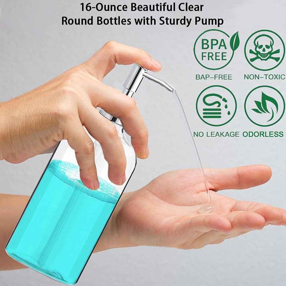 Ordalyne Clear Soap Dispenser Set — Refillable Pump Bottles with Hand & Dish Labels | 2-Pack, 16 oz, BPA-Free