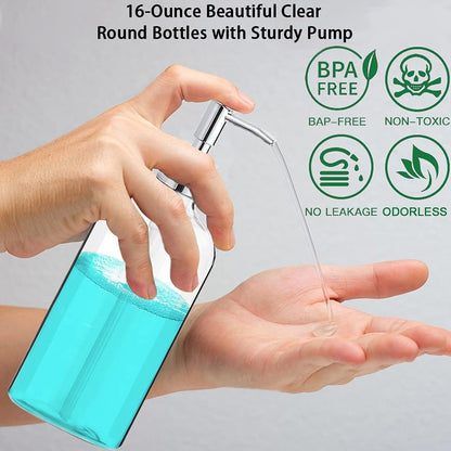 Ordalyne Clear Soap Dispenser Set — Refillable Pump Bottles with Hand & Dish Labels | 2-Pack, 16 oz, BPA-Free