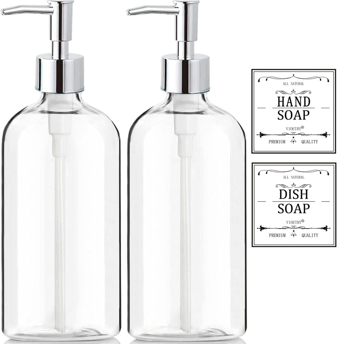 Ordalyne Clear Soap Dispenser Set — Refillable Pump Bottles with Hand & Dish Labels | 2-Pack, 16 oz, BPA-Free