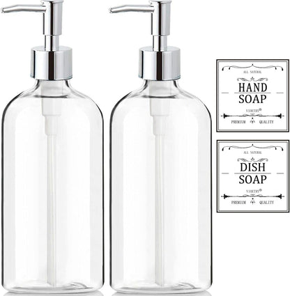 Ordalyne Clear Soap Dispenser Set — Refillable Pump Bottles with Hand & Dish Labels | 2-Pack, 16 oz, BPA-Free