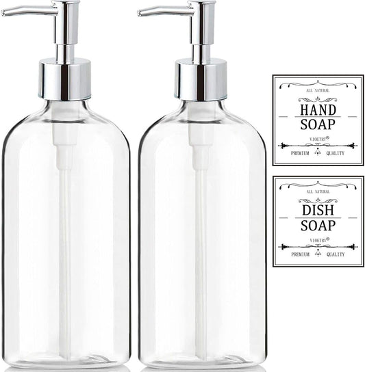 Ordalyne Clear Soap Dispenser Set — Refillable Pump Bottles with Hand & Dish Labels | 2-Pack, 16 oz, BPA-Free