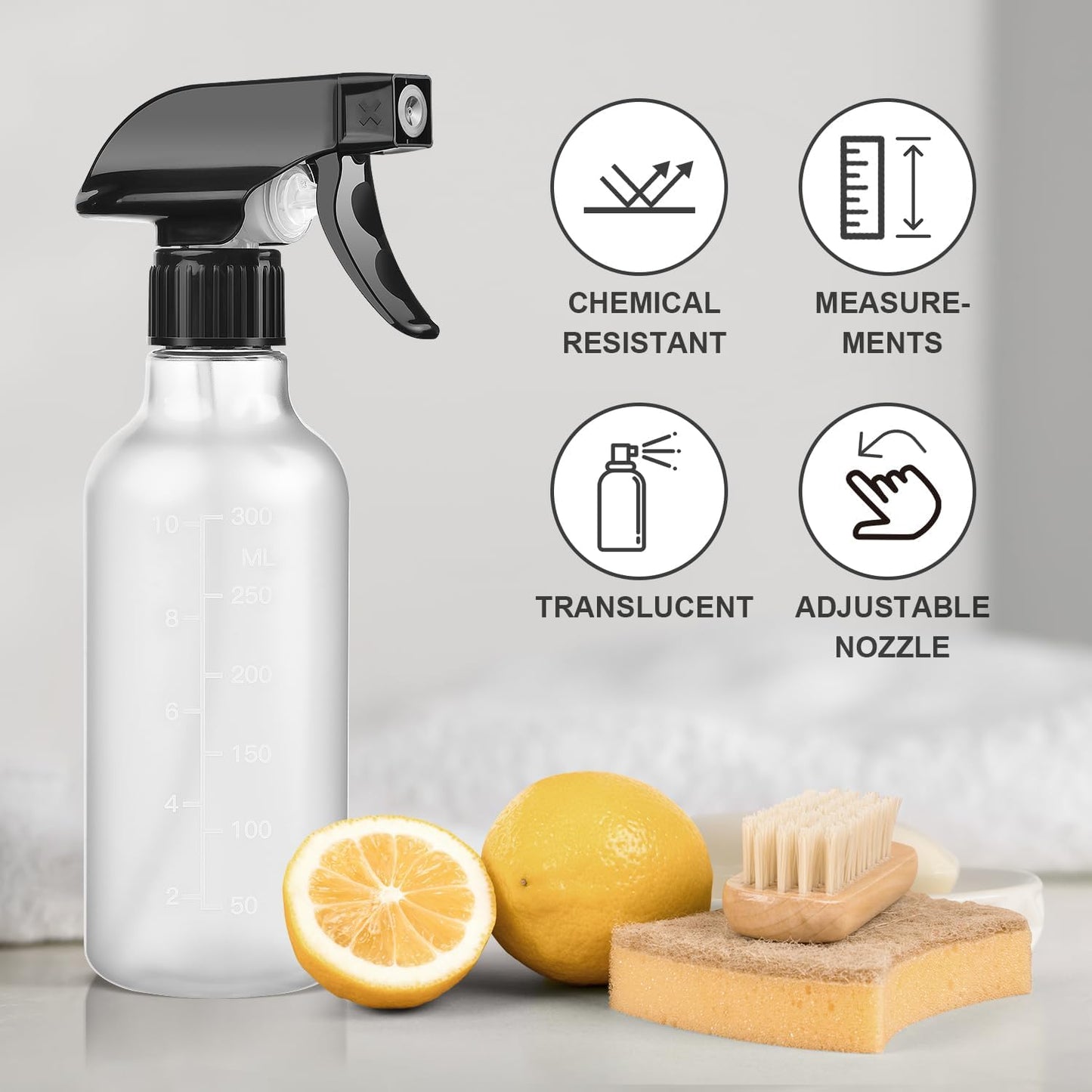 Ordalyne Frosted Spray Bottles — Mist for Plants, Stream for Cleaning, Marked for Mixing | 2-Pack, 10 oz, BPA-Free