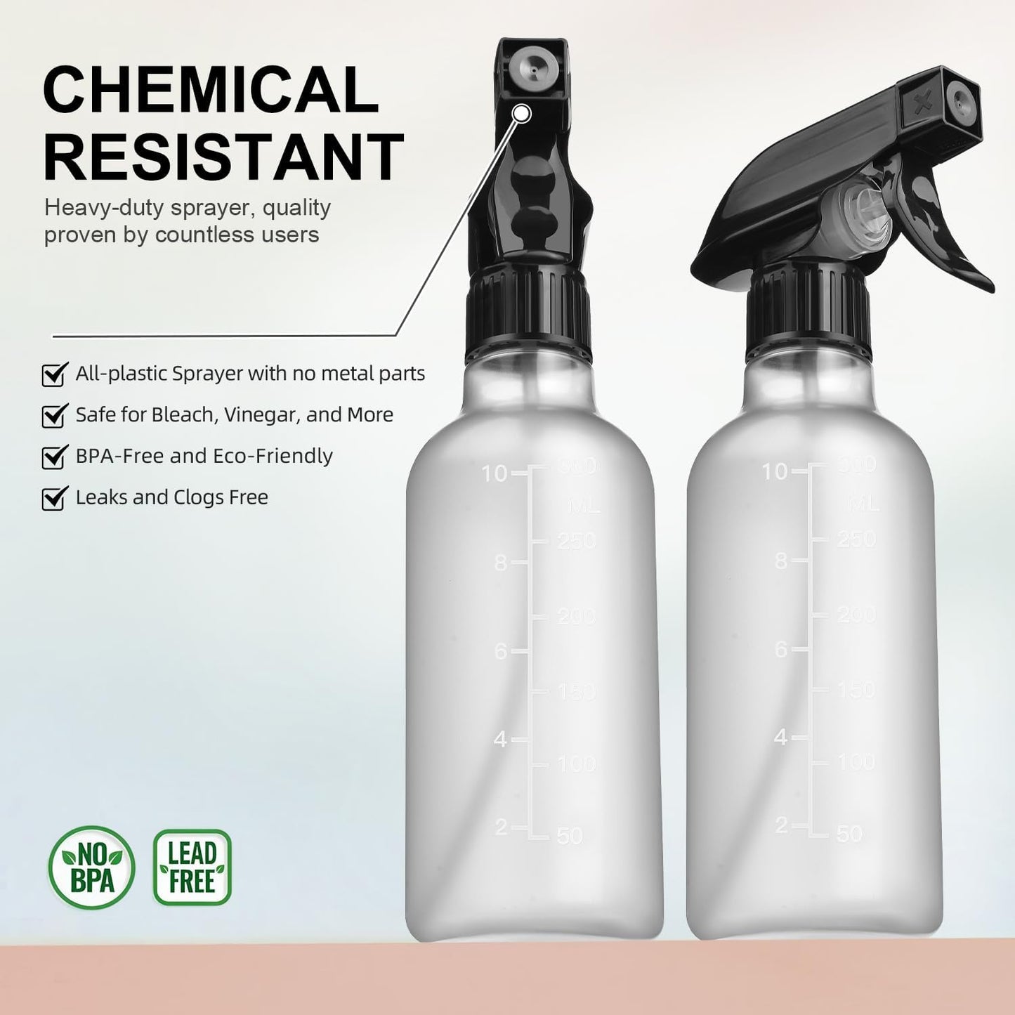 Ordalyne Frosted Spray Bottles — Mist for Plants, Stream for Cleaning, Marked for Mixing | 2-Pack, 10 oz, BPA-Free