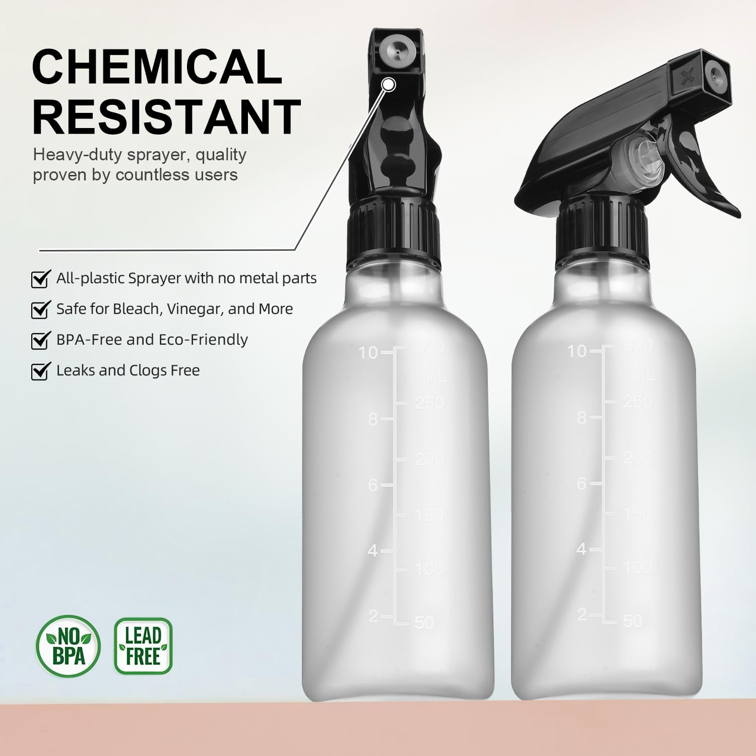 Ordalyne Frosted Spray Bottles — Mist for Plants, Stream for Cleaning, Marked for Mixing | 2-Pack, 10 oz, BPA-Free