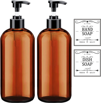 Ordalyne Clear Soap Dispenser Set — Refillable Pump Bottles with Hand & Dish Labels | 2-Pack, 16 oz, BPA-Free