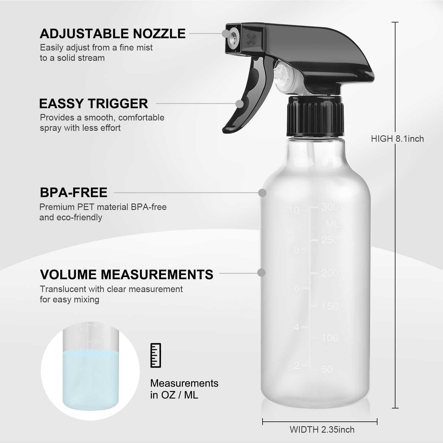 Ordalyne Frosted Spray Bottles — Mist for Plants, Stream for Cleaning, Marked for Mixing | 2-Pack, 10 oz, BPA-Free