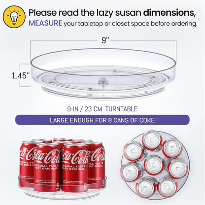 Ordalyne Clear Acrylic Lazy Susan Turntables — Spin to Reach the Back of the Cabinet | 4-Pack, 9-Inch, Non-Skid