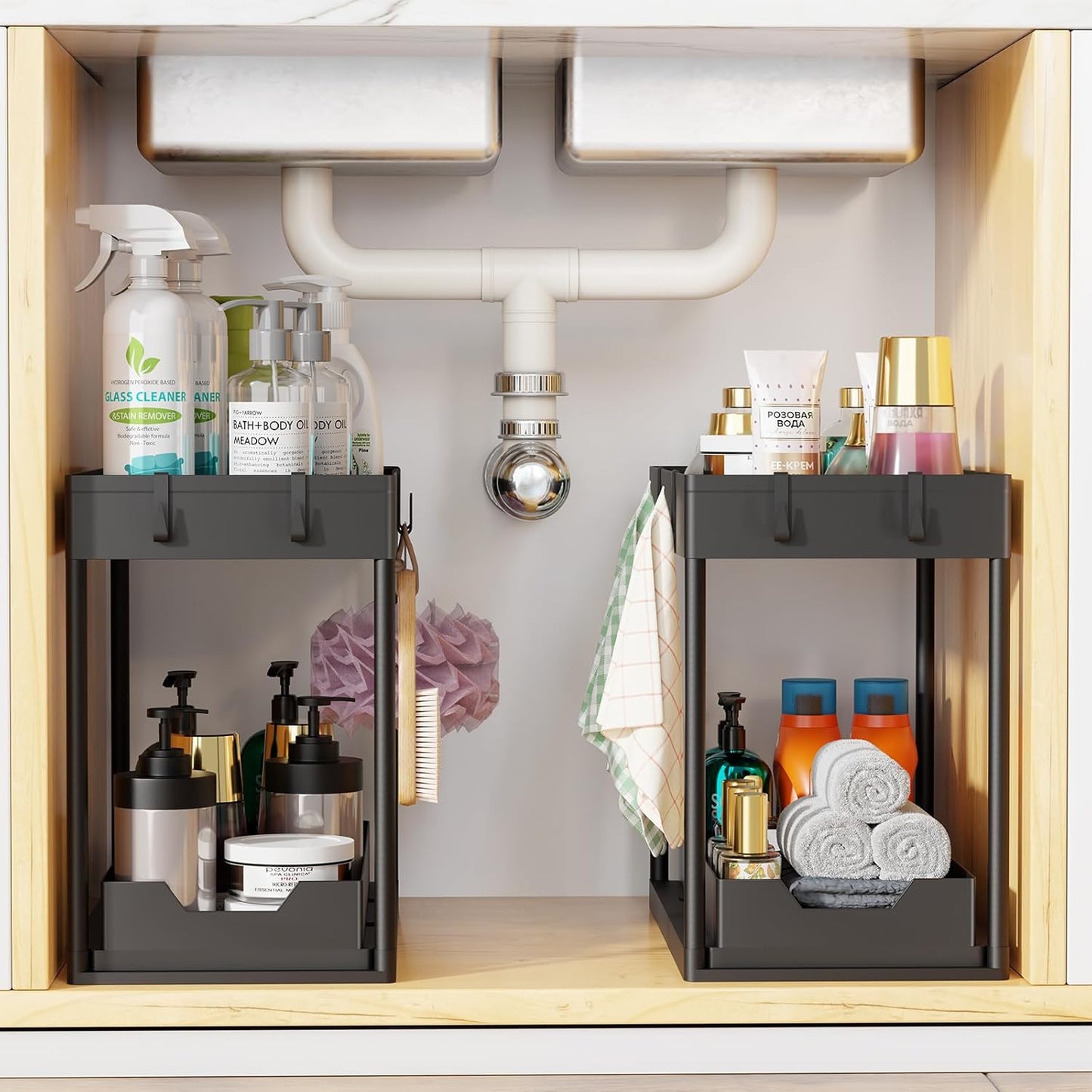 Ordalyne 2-Tier Under-Sink Organizer — Pull-Out Drawers That Fit Around the Pipes | 2-Pack, Black, No-Tool Setup