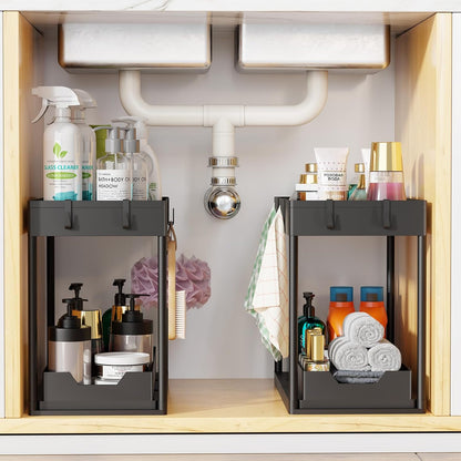 Ordalyne 2-Tier Under-Sink Organizer — Pull-Out Drawers That Fit Around the Pipes | 2-Pack, Black, No-Tool Setup