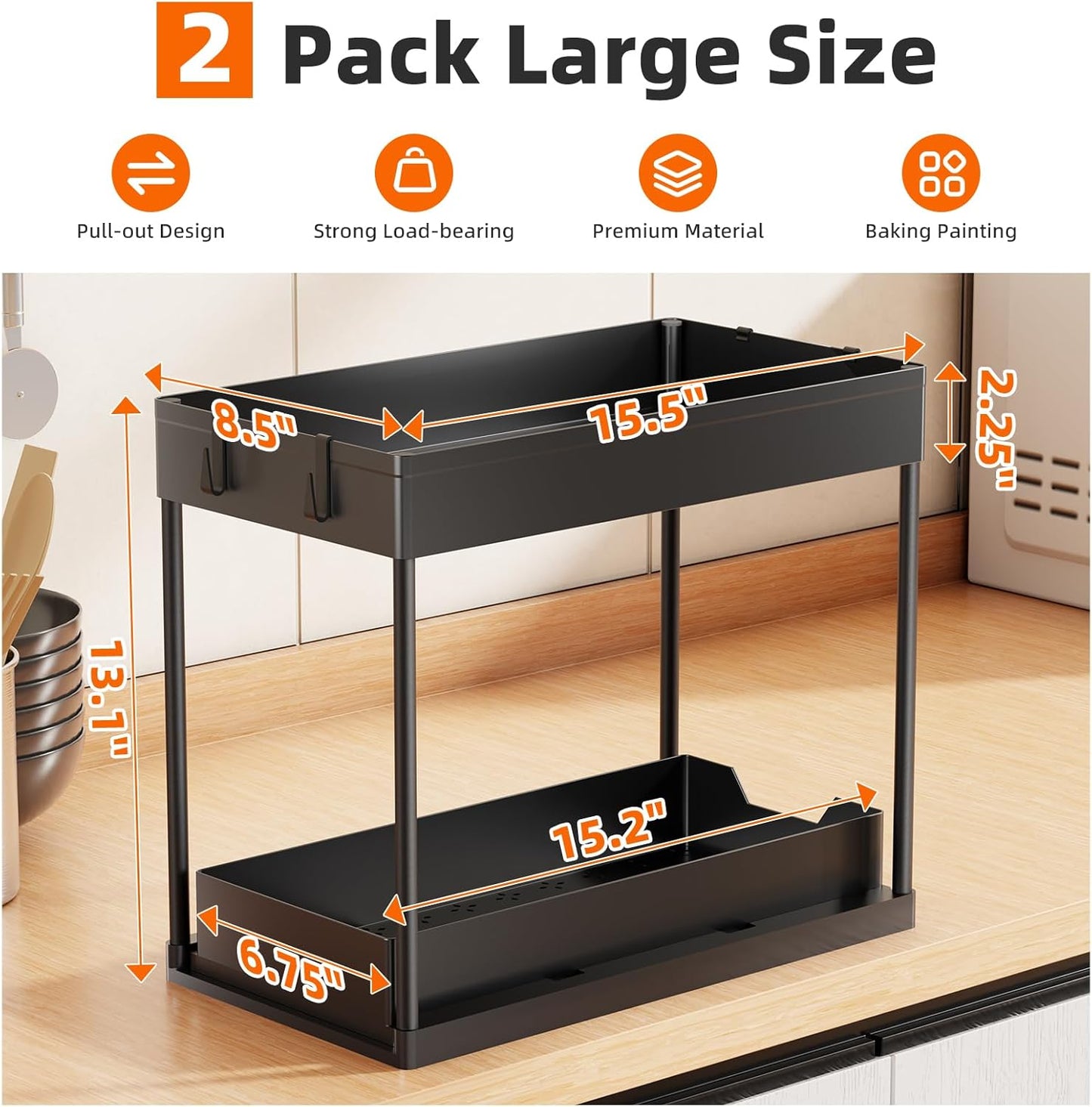 Ordalyne 2-Tier Under-Sink Organizer — Pull-Out Drawers That Fit Around the Pipes | 2-Pack, Black, No-Tool Setup
