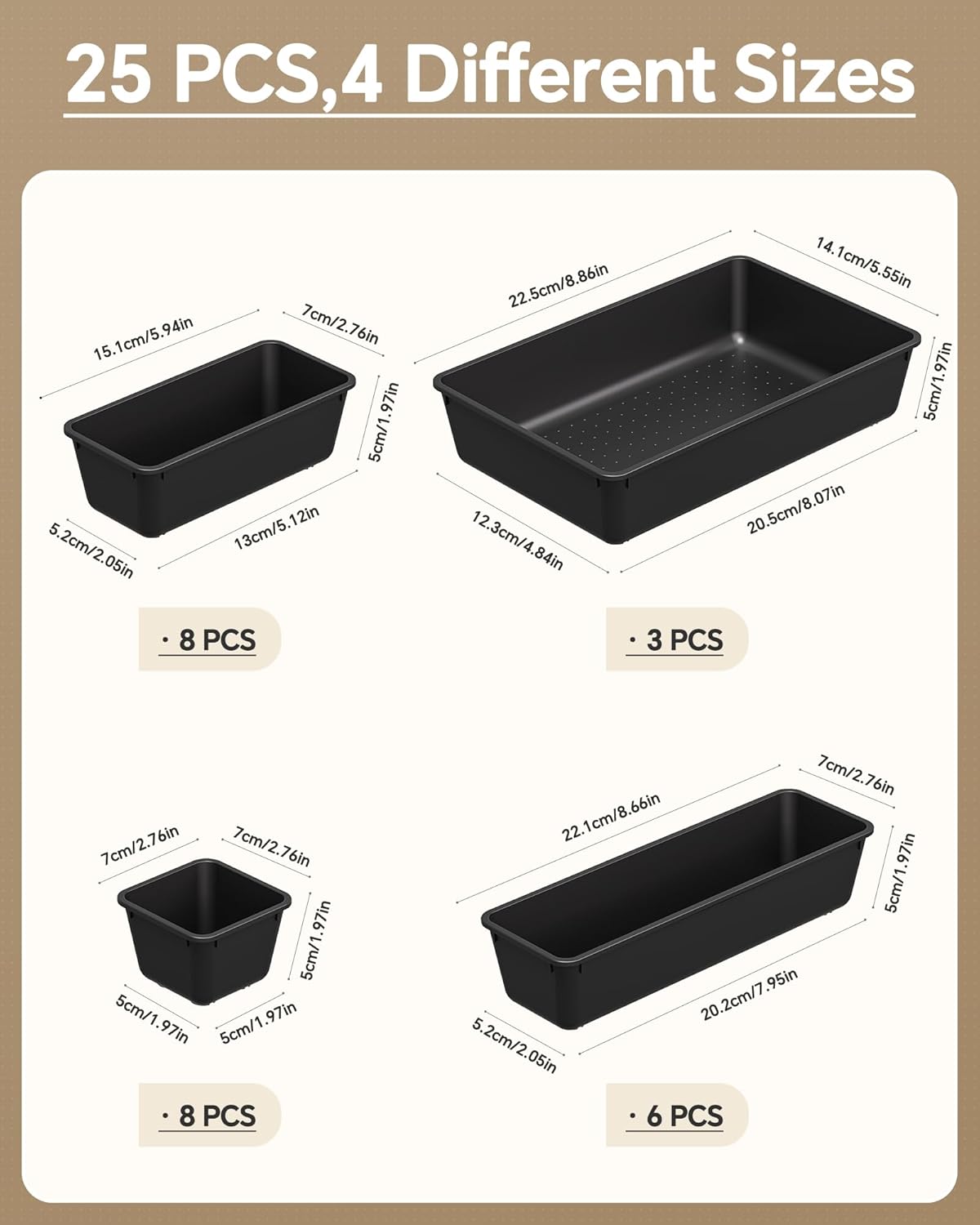 Ordalyne 25-Piece Drawer Organizer Set — 4 Sizes to Sort Any Drawer, From Makeup to Utensils | Stackable Trays
