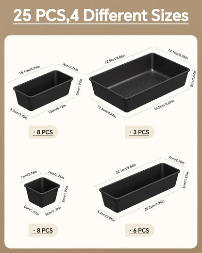 Ordalyne 25-Piece Drawer Organizer Set — 4 Sizes to Sort Any Drawer, From Makeup to Utensils | Stackable Trays