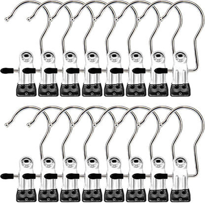 Ordalyne Boot & Laundry Hanger Clips — Clip Boots, Socks & Towels Anywhere, 360° Rotating Hook | 16/30-Pack, Stainless Steel
