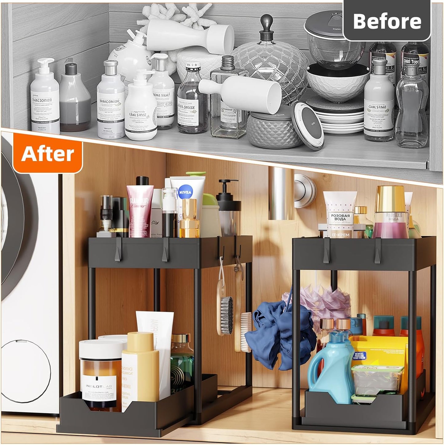 Ordalyne 2-Tier Under-Sink Organizer — Pull-Out Drawers That Fit Around the Pipes | 2-Pack, Black, No-Tool Setup