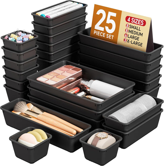 Ordalyne 25-Piece Drawer Organizer Set — 4 Sizes to Sort Any Drawer, From Makeup to Utensils | Stackable Trays