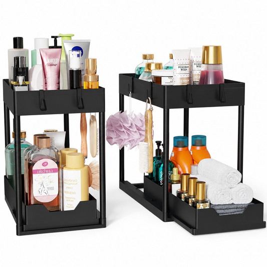 Ordalyne 2-Tier Under-Sink Organizer — Pull-Out Drawers That Fit Around the Pipes | 2-Pack, Black, No-Tool Setup