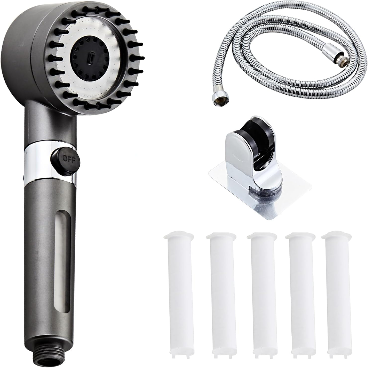 Ordalyne High-Pressure Filtered Shower Head – Handheld with 4 Spray Modes, Pause Switch, Hose & 5 Replaceable Sediment Filters
