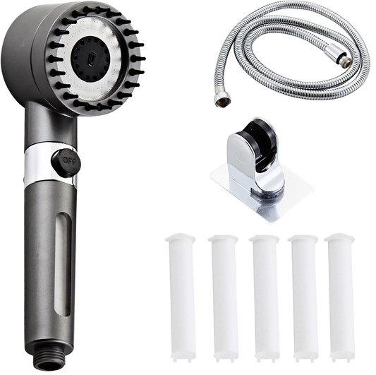 Ordalyne High-Pressure Filtered Shower Head – Handheld with 4 Spray Modes, Pause Switch, Hose & 5 Replaceable Sediment Filters